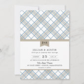 Invitation Bleu et bronzage à plaid simple avec Mariage Monog (Devant)