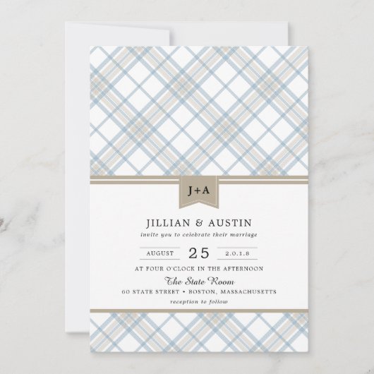 Invitation Bleu et bronzage à plaid simple avec Mariage Monog (Devant)