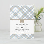 Invitation Bleu et bronzage à plaid simple avec Mariage Monog (Debout devant)