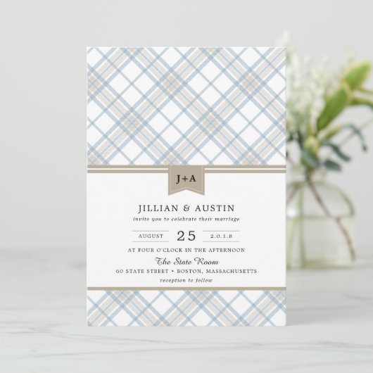 Invitation Bleu et bronzage à plaid simple avec Mariage Monog (Debout devant)