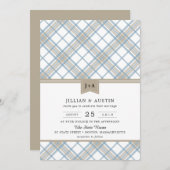 Invitation Bleu et bronzage à plaid simple avec Mariage Monog (Devant / Derrière)