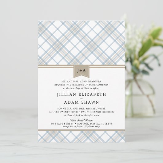 Invitation Bleu et bronzage simplement plaqué avec Mariage Mo (Debout devant)