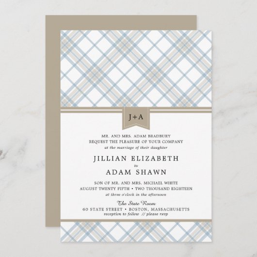 Invitation Bleu et bronzage simplement plaqué avec Mariage Mo (Devant / Derrière)