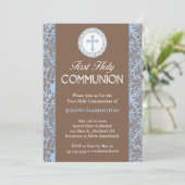 Invitation Bleu et Brown Floral Outlines Première communion (Debout devant)
