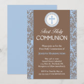 Invitation Bleu et Brown Floral Outlines Première communion (Devant / Derrière)