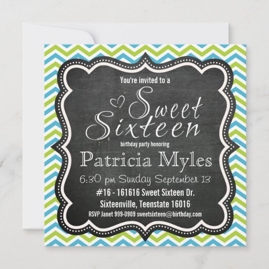 Invitation Bleu et citron Chevron Chalkboard Sweet 16 Party (Devant)