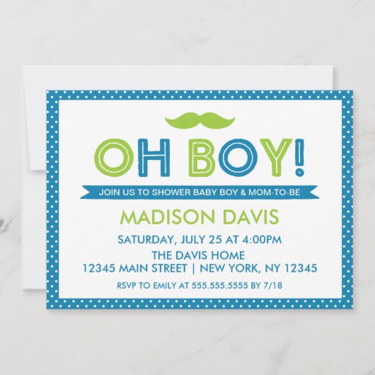 Invitation Bleu et citron vert Polka Dot Oh Baby shower garço (Devant)