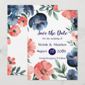 Invitation Bleu et corail Bouquet Mariage Enregistrer les car (Devant / Derrière)