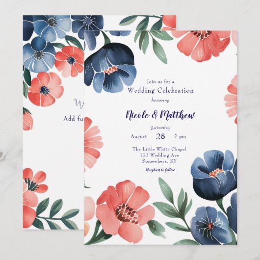 Invitation Bleu et corail peint Bouquet Mariage Célébration (Devant / Derrière)