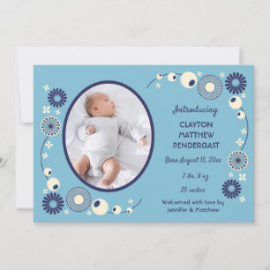Invitation Bleu et crème Floral Baby Boy Annouement de naissa