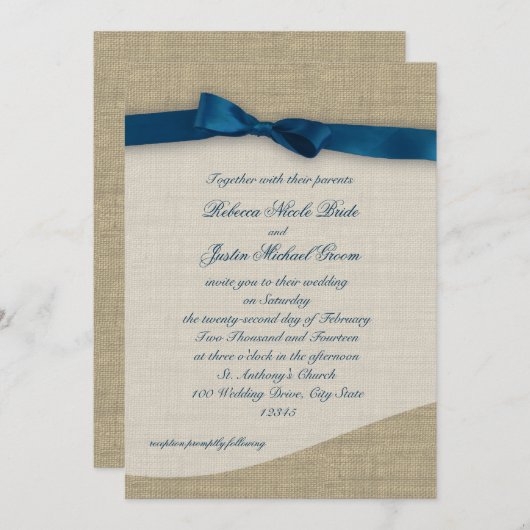 Invitation  bleu et Mariage Burlap (Devant / Derrière)