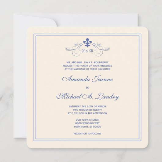 Invitation Bleu et mariage formel de White Fleur de Lis (Devant)