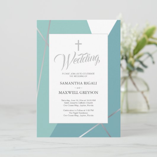 Invitation Bleu et Mint Vert Mariage chrétien (Debout devant)