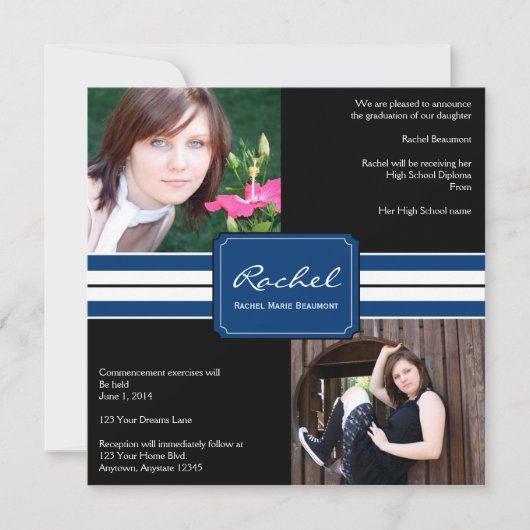 Invitation Bleu et noir Ruban photo (Devant)