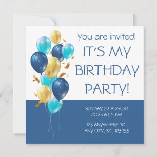Invitation Bleu et or. Anniversaire élégant