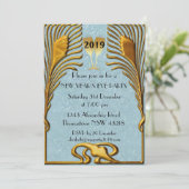 Invitation Bleu et or Art déco Réveillon du Nouvel An (Debout devant)