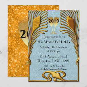 Invitation Bleu et or Art déco Réveillon du Nouvel An