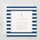 Invitation Bleu et or Baby shower des rayures nautiques (Devant)