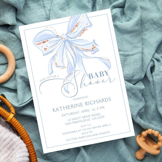 Invitation Bleu et or Bow Romantique chic Baby shower garçon