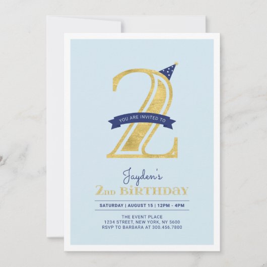 Invitation Bleu et or | Boy 2nd Birthday Party (Devant)