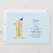 Invitation Bleu et or | Cute Modern Boy 1ère fête d'anniversa (Devant)