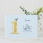Invitation Bleu et or | Cute Modern Boy 1ère fête d'anniversa (Debout devant)