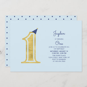 Invitation Bleu et or Cute Modern Boy 1ère fête d'anniversa