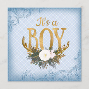 Invitation Bleu et or de baby shower d'Antler de cerfs