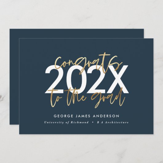 Invitation Bleu et or écriture moderne design graduation (Devant / Derrière)