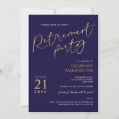 Invitation Bleu et or Elegant Classic Retraite Party (Devant)