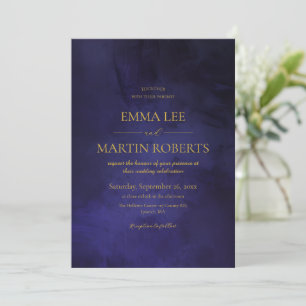 Invitation Bleu et Or  Élégant Faux Velours Mariage 