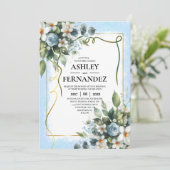 Invitation Bleu et Or Élégant Floral Rustique Aquarelle (Debout devant)