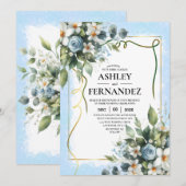 Invitation Bleu et Or Élégant Floral Rustique Aquarelle (Devant / Derrière)