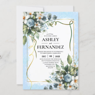 Invitation Bleu et Or Élégant Floral Rustique Aquarelle