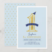 Invitation Bleu et or | Fête du 1er anniversaire du garçon (Devant / Derrière)