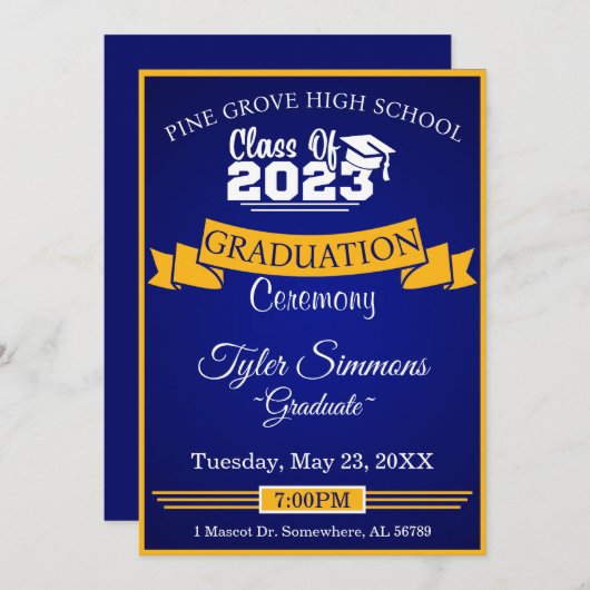 Invitation Bleu et or Graduation (Devant / Derrière)