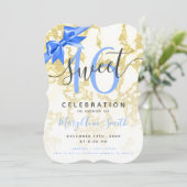 Invitation Bleu et or Marbre 16ème Anniversaire Ruban (Debout devant)