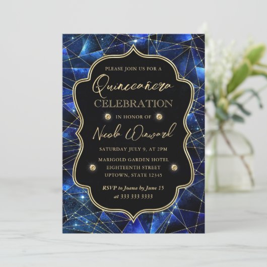 Invitation Bleu et or Midnight Crystal Galaxy Quinceanera (Debout devant)