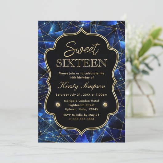 Invitation Bleu et or Midnight Crystal Galaxy Sweet 16 (Debout devant)