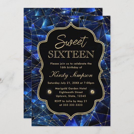 Invitation Bleu et or Midnight Crystal Galaxy Sweet 16 (Devant / Derrière)