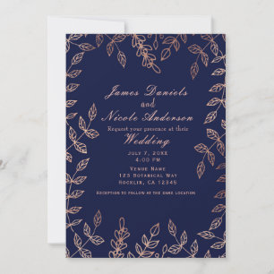 Invitation Bleu et or rose glamour botanique élégant mariage
