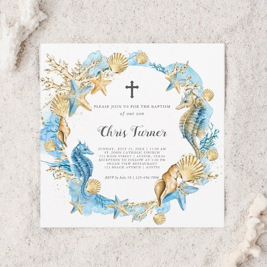 Invitation Bleu et or sous la mer Baptême