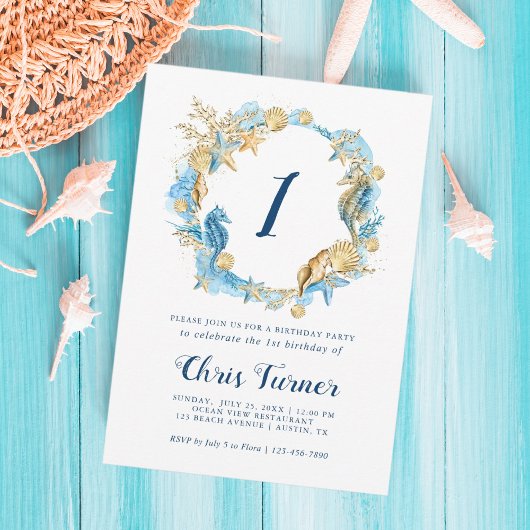 Invitation Bleu et or sous la mer Boy Anniversaire