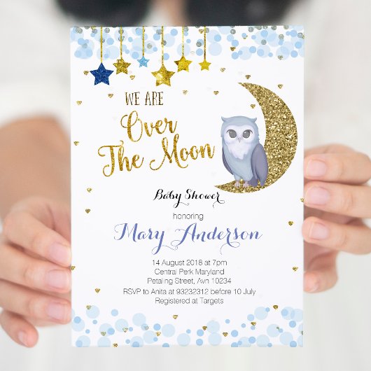 Invitation Bleu et or sur le Baby shower de la Chouette Lune