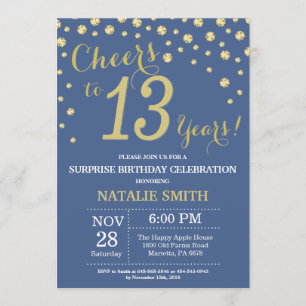 Invitation Bleu et or Surprise 13e Anniversaire Diamant
