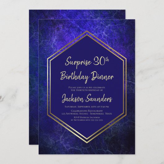 Invitation Bleu et or Surprise 30e anniversaire Dîner (Devant / Derrière)