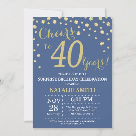Invitation Bleu et or Surprise 40e Anniversaire Diamant (Devant)