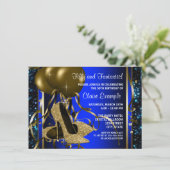 Invitation Bleu et or talons hauts femmes fête d'anniversaire (Debout devant)