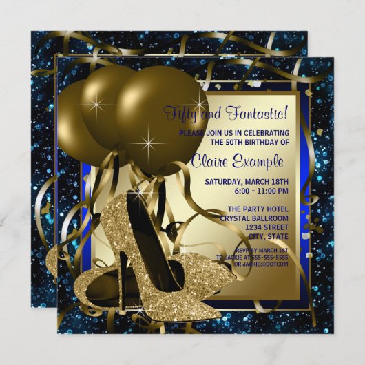 Invitation Bleu et or talons hauts femmes fête d'anniversaire (Devant / Derrière)