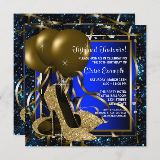 Invitation Bleu et or talons hauts fête d'anniversaire (Devant / Derrière)